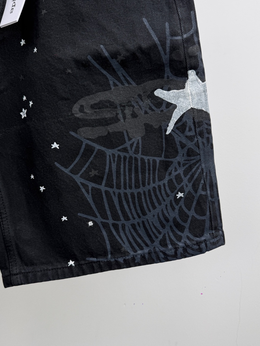 Black Graphic Jean Shorts with Star & Web Detail - Picture 6 of 6